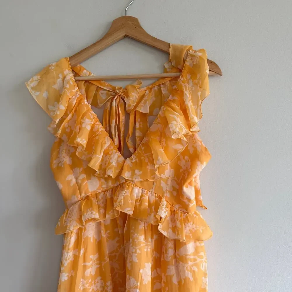 Abercrombie & Fitch Floral Ruffles Sleeveless V-Neck Maxi Dress Yellow M NWT